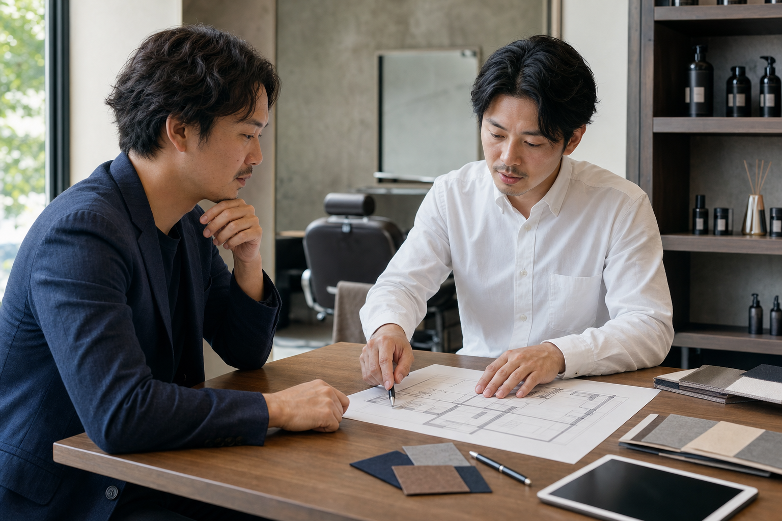 店舗図面と内装素材を見ながら出店計画を相談する経営者