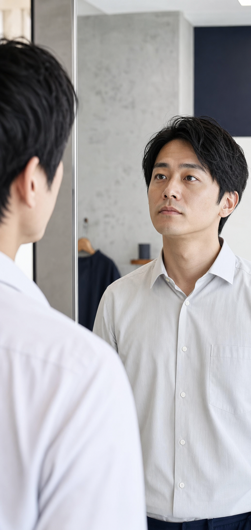 サロンの鏡で眉と身だしなみを確認する男性