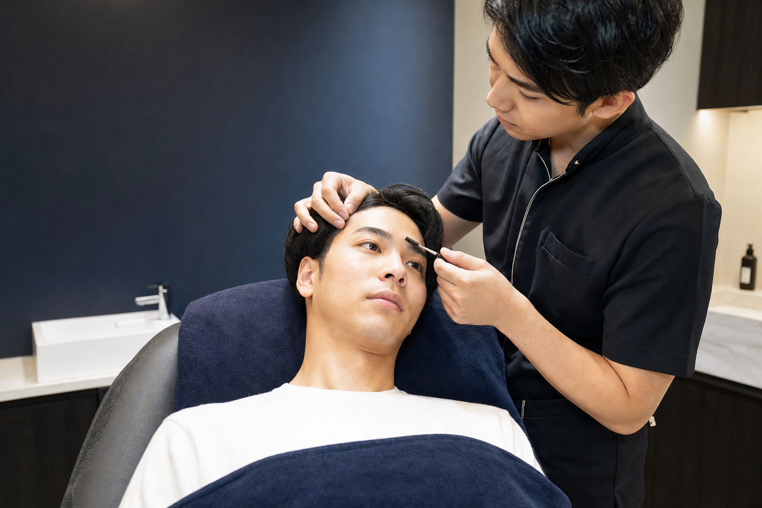 清潔なサロンで男性客の眉毛を確認する施術者